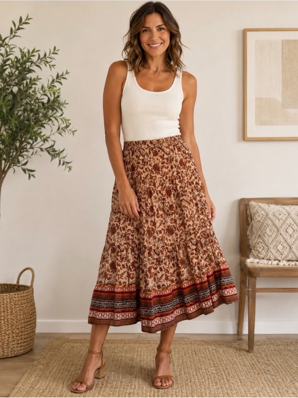 beachlunchlounge Brown Floral Border Tiered Midi Skirt